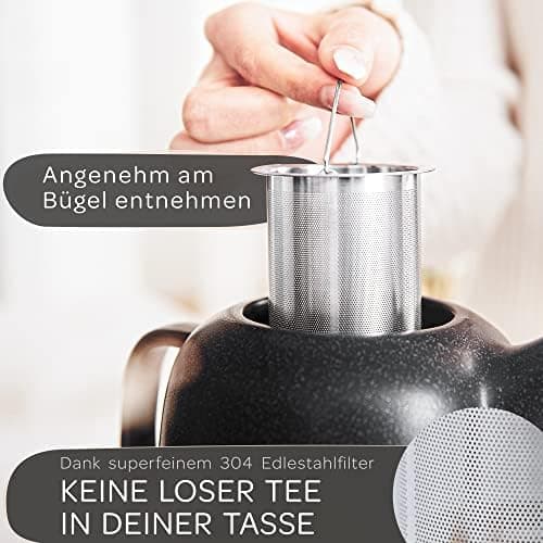 STEINZEIT Design Teekanne Schwarz 1,3L Edelstahl Siebkeramik Glasur