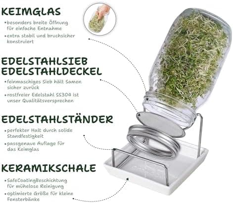 Bio Sprossengläser 950ml | Safe Coating & Keramikschale - Keimfreies Sprossen Ziehen für Anfänger und Fortgeschrittene |