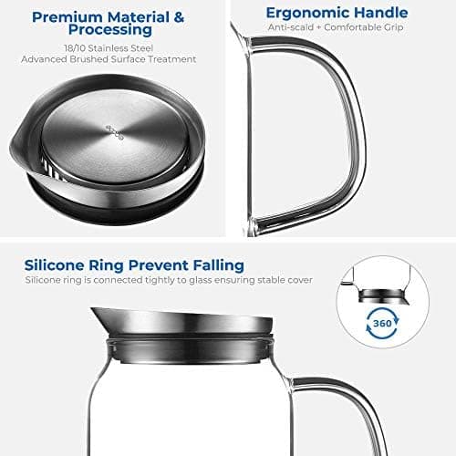 Eeco Glaskaraffe 1,5 Liter Edelstahldeckel Karaffe, ideal für Heißes und Kaltes Wasser, Getränke Büchse, Saft, Milch, Te