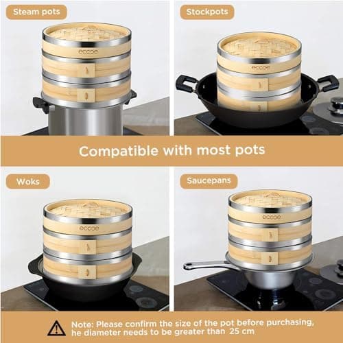Ecooe Bambusdämpfer mit verstärktem Edelstahlrand, 20cm für Reis, Dim Sum und Gemüse,perfect für Familie und Freunde