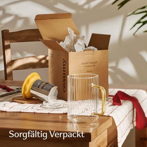 Cosumy Hitzebeständige Teetasse 450ml Schwarz - Farbgriff aus Borosilikat Glas mit Korkuntersetzer und Edelstahlfilter