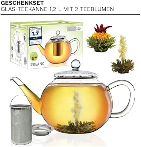 Teekanne Glas Creano 1,2l - 2 Teeblumen - Tropffrei - Gastro-Geschenk