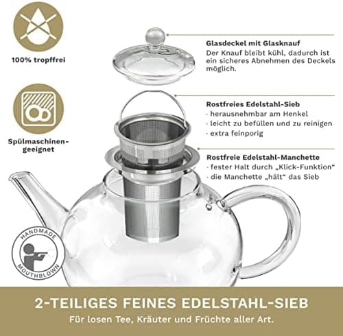 Creano Glas Teekanne 1,2l + Edelstahl Stövchen, ideal für Teezubereitung mit Losen Blüten