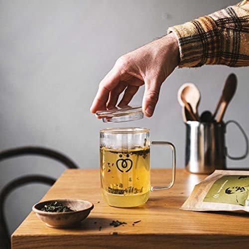 Teeglas mit Sieb und Deckel |(hitzebeständig) | für Liebhaber des Dufthafts und Geschmacks | bei Tee- und Herbservierung
