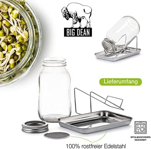 BigDean Sprossenglas und Keimglas Set 1000 ml - Edelstahl-Gitterdeckel + Ständer - Anbau-Set für Sprossen & Keimlingen