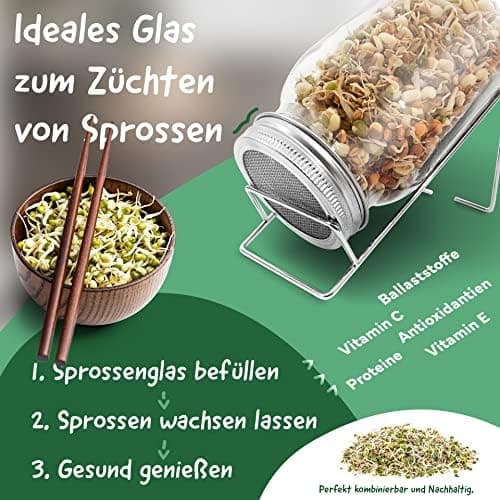 Edelstahlständer Sprossenglas 750ml Keimglas 2er-Set Reinigungsbürste inkl., ideal für Brokkoli-Samenpflege