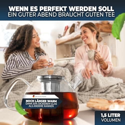 Teekanne mit Siebeinsatz - 1,5 Liter, verstärkte Glasstärke, ideal für Familie und Freunde, für jeden Tag nutzbar, mit S