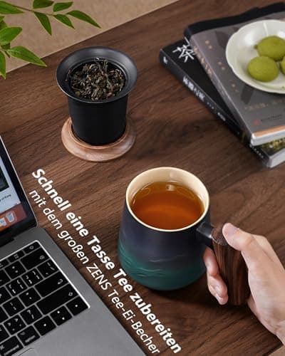 ZENS Teetasse mit Deckel und Teesieb für Tee Liebhaber bei\viewschiebung und Atemluft, 450ml, Große Holzgriff Matte Kera