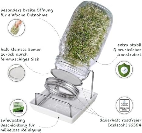Bio Sprossengläser 950ml | Safe Coating & Keramikschale - Keimfreies Sprossen Ziehen für Anfänger und Fortgeschrittene |