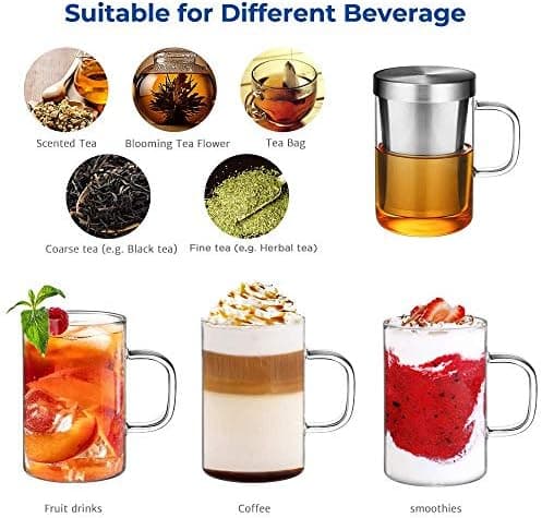 EcoOE 440 ml Borosilikat Teetasse mit Ultrafein Edelstahl Sieb und Natürlicher Bambus Deckel für Koffeinfreie Getränke