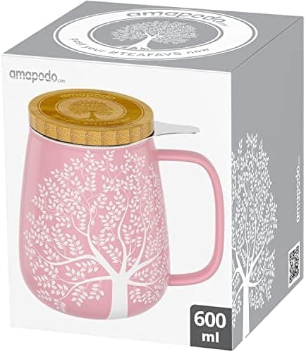 Amapodo XXL Teetasse - Plastikfreie 600ml Porzellantasse mit Deckel und Sieb - Weiß - Perfekt für Tee-Liebhaber - Großes