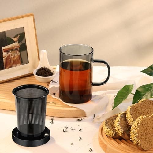 EcoOE 440 ml Borosilikat Teetasse mit Ultrafein Edelstahl Sieb und Natürlicher Bambus Deckel für Koffeinfreie Getränke