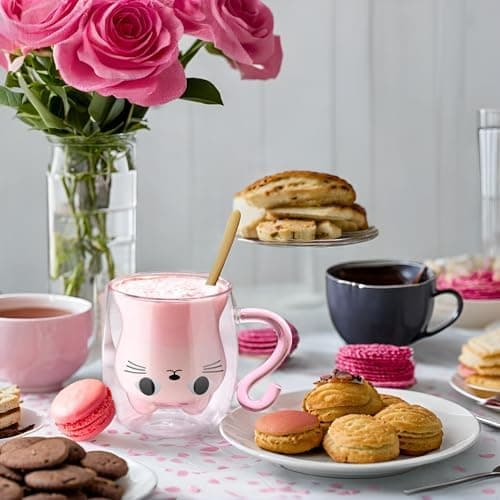 Ecooe Katzen Tasse Süße Doppelwandige Gläser Geburtstag Geschenke für Frauen