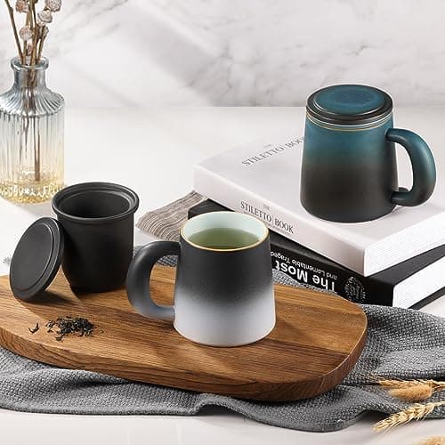 Ecoe TEETASSE Mit Teesieb Und Deckel, 420ml Keramik Tasse Für Losen Tee Große Teetassen Schwarz Und Weiß Gradienten Teeb