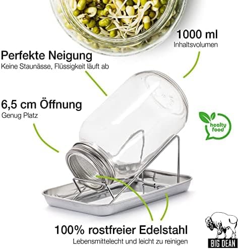 BigDean Sprossenglas und Keimglas Set 1000 ml - Edelstahl-Gitterdeckel + Ständer - Anbau-Set für Sprossen & Keimlingen