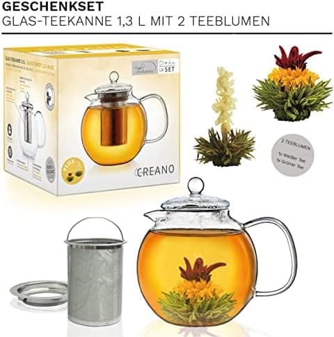Teekanne Glas Creano 1,2l - 2 Teeblumen - Tropffrei - Gastro-Geschenk