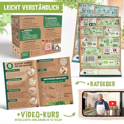 Bio Sprossen Anzuchtset – USDA Organic EU Organic – Sprossenglas 1er, 2er oder 3er Set – Enthält Keimglas, Anzuchtschale