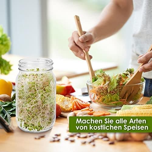 Keimglas Sprossenglas 2er Set 950ML Weiß Einsatzbereich Kresse Alfalfa Brokkoli Mungobohnen 2 Einstellbare Halterung Dri