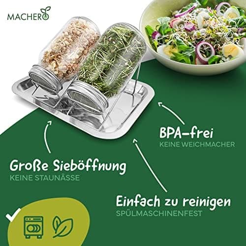 Edelstahlständer Sprossenglas 750ml Keimglas 2er-Set Reinigungsbürste inkl., ideal für Brokkoli-Samenpflege
