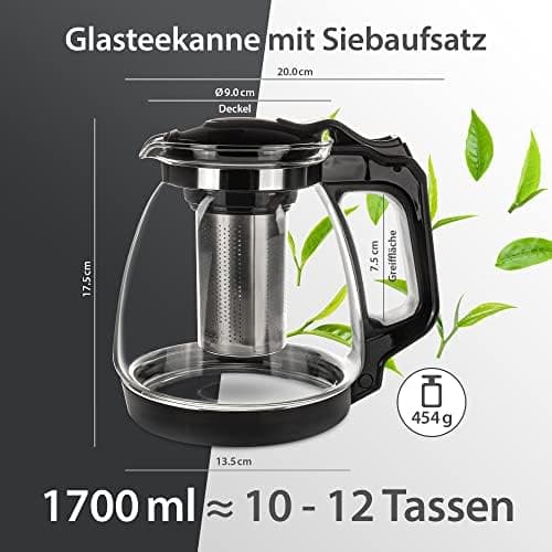 T24 Glas Teekanne mit Hitzebeständigem Edelstahl Filter für Losen Tee - 1250ml - Überhitzungsschutz und Siebeingebaust