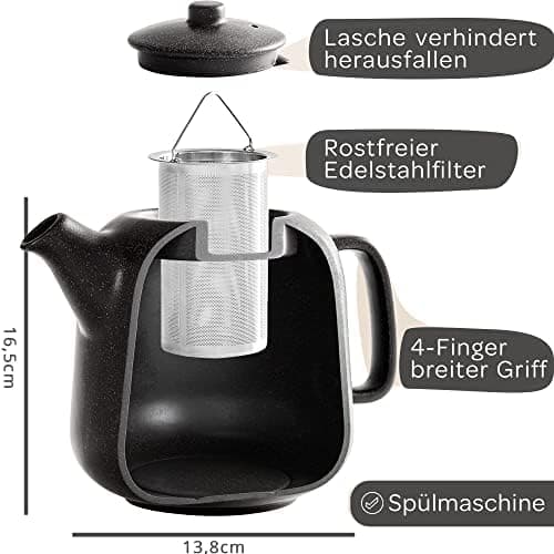 STEINZEIT Design Teekanne Schwarz 1,3L Edelstahl Siebkeramik Glasur