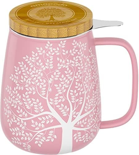 Amapodo XXL Teetasse - Plastikfreie 600ml Porzellantasse mit Deckel und Sieb - Weiß - Perfekt für Tee-Liebhaber - Großes