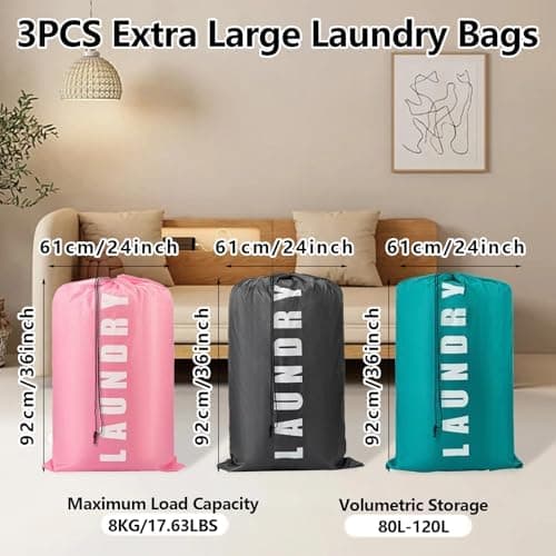 3pcs Reise Wäschesack Groß für Schmutzwäsche | Faltbar, mit Kordelzug & Extra Großer Wäschetasche 61x92 cm | Hochtragbar