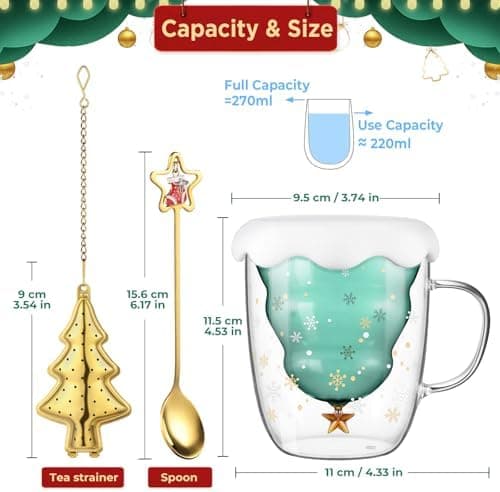 Ecooe Weihnachtstasse Doppelwandige Kaffeegläser 240ml Geschenke für Frauen & Männer