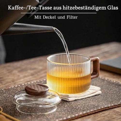 JanYoo Glas Teetasse mit Deckel und Sieb | Ideal für den Hausfrau | Für den Zuhause genossenen Tee | Transparent, 200ml,
