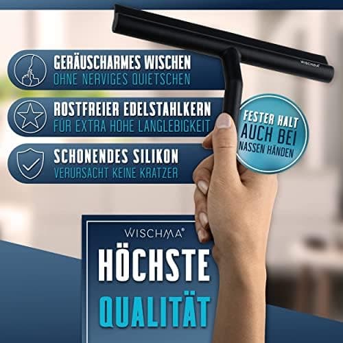 Silikon-Duschabzieher Schwarz - Bohrlochlose Halterung für Dusche, Edelstahl-Kern, Glasabzieher ohne Stripes