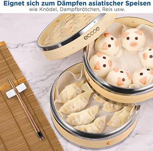 Ecooe Bambusdämpfer mit verstärktem Edelstahlrand, 20cm für Reis, Dim Sum und Gemüse,perfect für Familie und Freunde