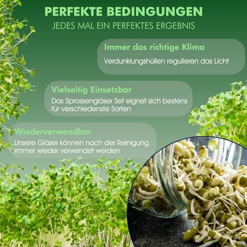 Sprossenglas Starter-Set 2er Keimglas Set 750ml für Kräuter & microgreens I Inkl. Siebdeckel, Abtropfschale, Verdunklung