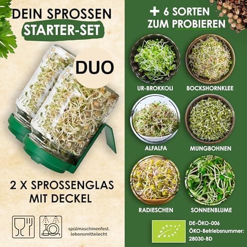Sprossenglas Set (2er Set) + Bio Sprossen Samen (6 x Teil) inkl. Keimglas (Anthrazit) EU Organic