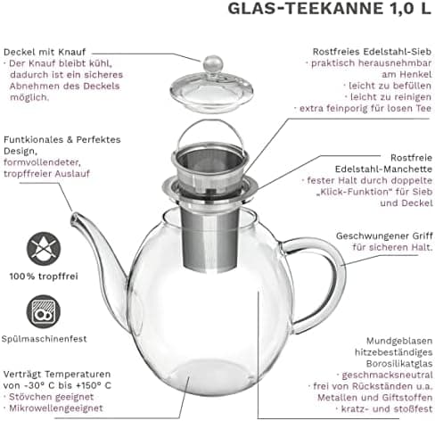 Teekanne Glas Creano 1,2l - 2 Teeblumen - Tropffrei - Gastro-Geschenk