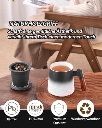 ZENS Teetasse mit Deckel und Teesieb für Tee Liebhaber bei\viewschiebung und Atemluft, 450ml, Große Holzgriff Matte Kera