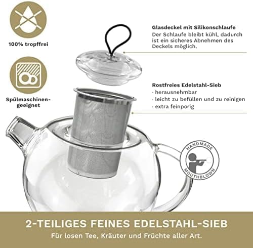 Creano Glas Teekanne 1,2l + Edelstahl Stövchen, ideal für Teezubereitung mit Losen Blüten