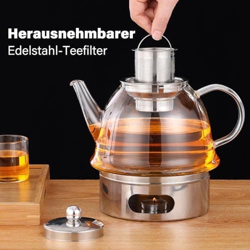 Kaffeekanne Glas-Teekanne 1500 ml mit Kerzenwärmer und Teesieb Geschenkbox