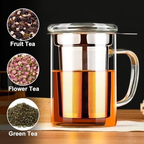 PARACITY Borosilikat-Teebecher mit abnehmbarer Edelstahl-Sieve & Deckel, 450 ml, OFENFEST für losen Tee, Geschenk für Fa