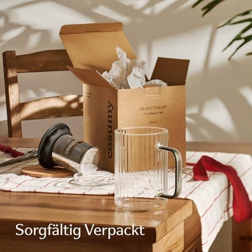 Cosumy Hitzebeständige Teetasse 450ml Schwarz - Farbgriff aus Borosilikat Glas mit Korkuntersetzer und Edelstahlfilter