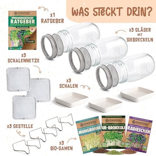 Bio Sprossen Anzuchtset – USDA Organic EU Organic – Sprossenglas 1er, 2er oder 3er Set – Enthält Keimglas, Anzuchtschale