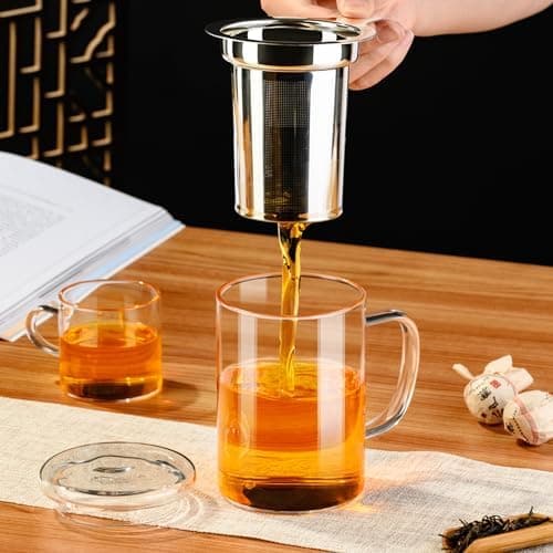 PARACITY Borosilikat-Teebecher mit abnehmbarer Edelstahl-Sieve & Deckel, 450 ml, OFENFEST für losen Tee, Geschenk für Fa
