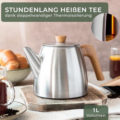 WALDWERK Tropffreie Teekanne 304 Edelstahl - IDEAL für Teebewerter - Holzgriffesignierungen - 1 Liter Doppelwandige Teek
