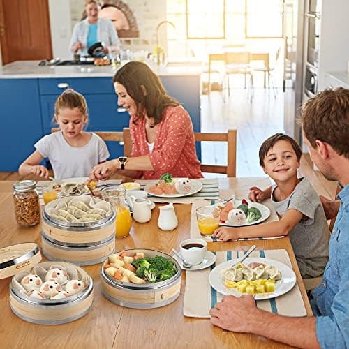 Ecooe Bambusdämpfer mit verstärktem Edelstahlrand, 20cm für Reis, Dim Sum und Gemüse,perfect für Familie und Freunde