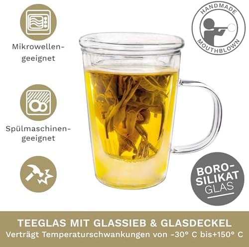 Creano Teeglas All-In-One, große Teetasse mit Sieb und Deckel aus Glas für Tee liebende Frauen und Männer bei jeder Gele