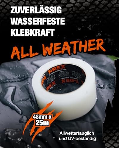 T-Rex Wetterfestes Transparentes Klebeband 48mm x 25m – Extra Stark für Indoor & Outdoor – UV-Fest – Ideal für Markisen-