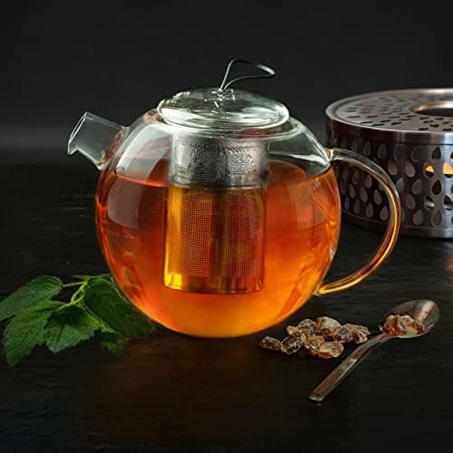 Creano Glas Teekanne 1,2l + Edelstahl Stövchen, ideal für Teezubereitung mit Losen Blüten
