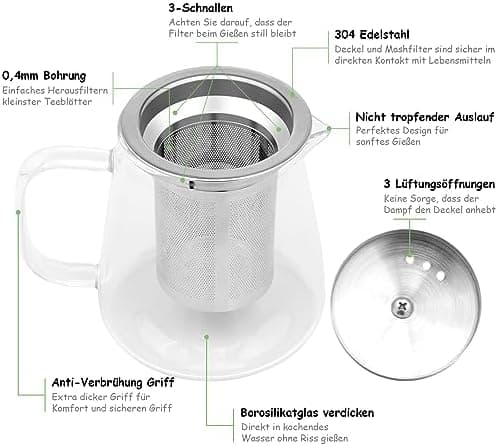 Teekanne Glas mit Siebeinsatz 450ml klar Hitzebeständig für Schwarzen Tee