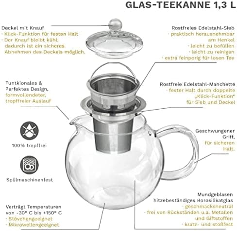 Teekanne Glas Creano 1,2l - 2 Teeblumen - Tropffrei - Gastro-Geschenk