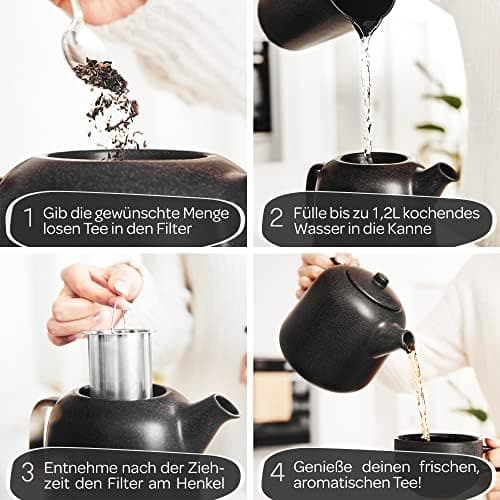 STEINZEIT Design Teekanne Schwarz 1,3L Edelstahl Siebkeramik Glasur