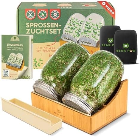 BEAR PAW® Sprossenglas 2er Set - 1000ml Keimglas für Sprossen Keimlinge - inkl. Bambushalterung & Abdunklungshüllen, Gra